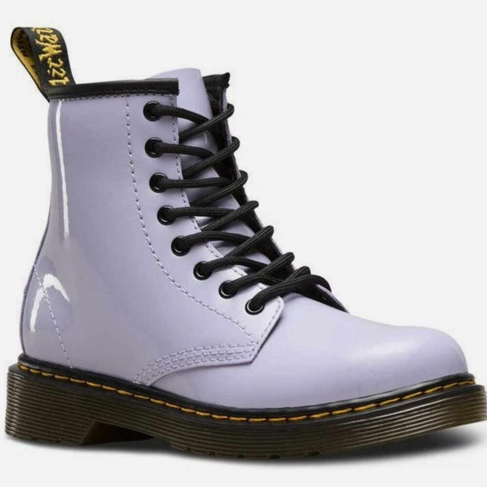 Dr. Martens Delaney Boots – Lilac Patent Leather, Women’s Combat Style - SZ 7